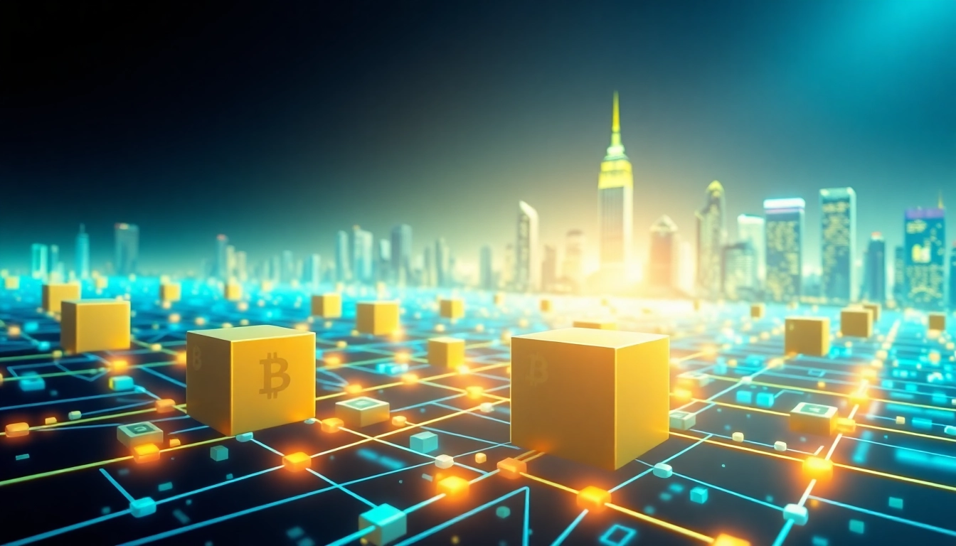 Comprendre bitcoin avec une illustration de la technologie blockchain dans un paysage urbain futuriste.