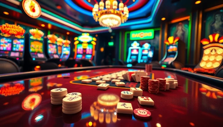 Experience the thrill of link mahjong in a sparkling casino table scene, featuring Mahjong tiles integrated into colorful betting chips, evoking an engaging gambling atmosphere.