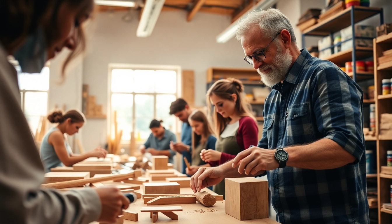 Craft training Colorado participants learning woodworking techniques in a dynamic workshop setting.