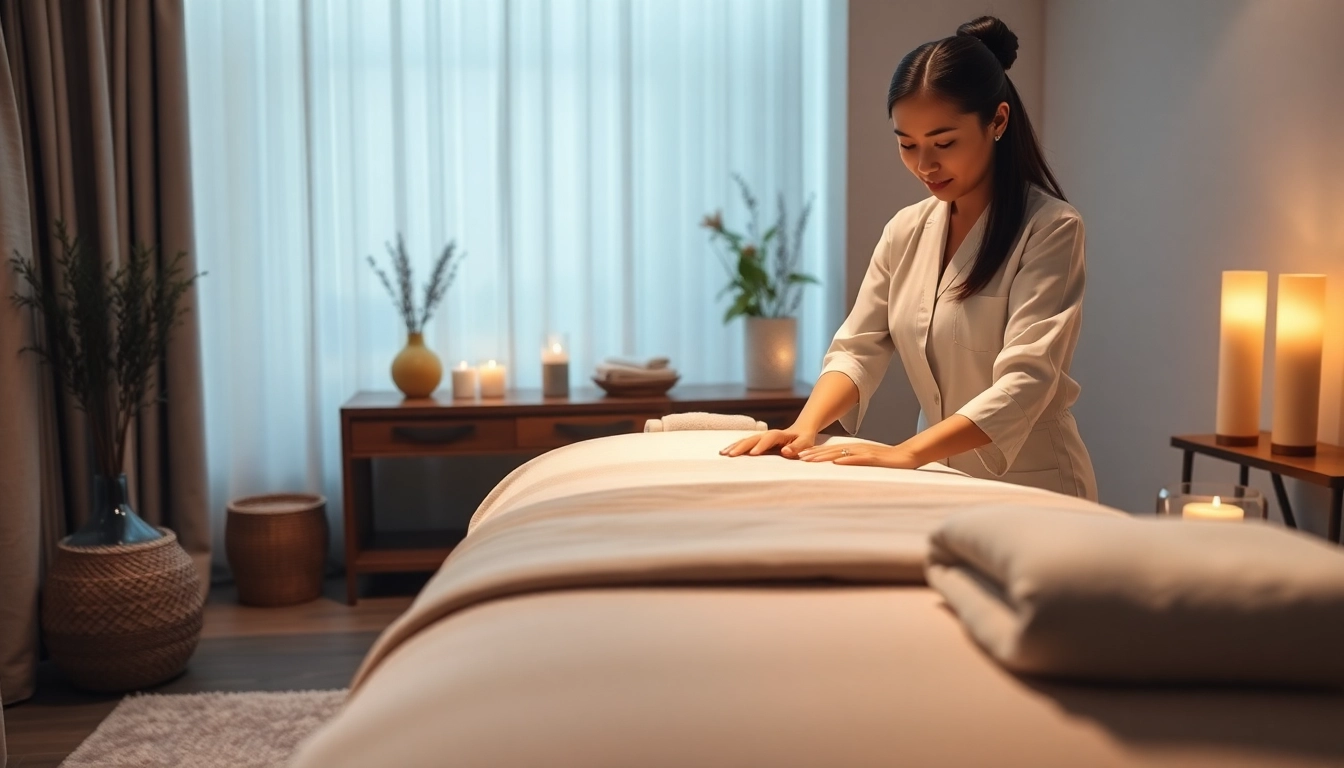 출장마사지 session highlighting a serene home setup with a professional therapist at work.