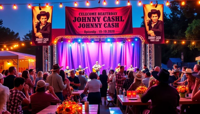 Celebrate Johnny Cash's birthday at a lively festival featuring fans enjoying live music and nostalgic decorations at johnnycashbirthday.com