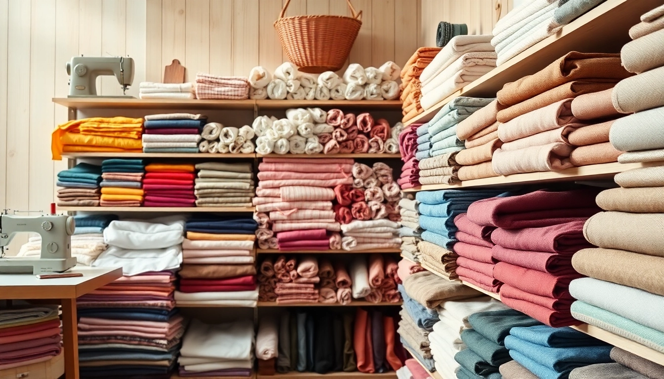 Koop goedkoop katoen met levendige kleuren en zachte texturen in een gezellige stoffenwinkel.