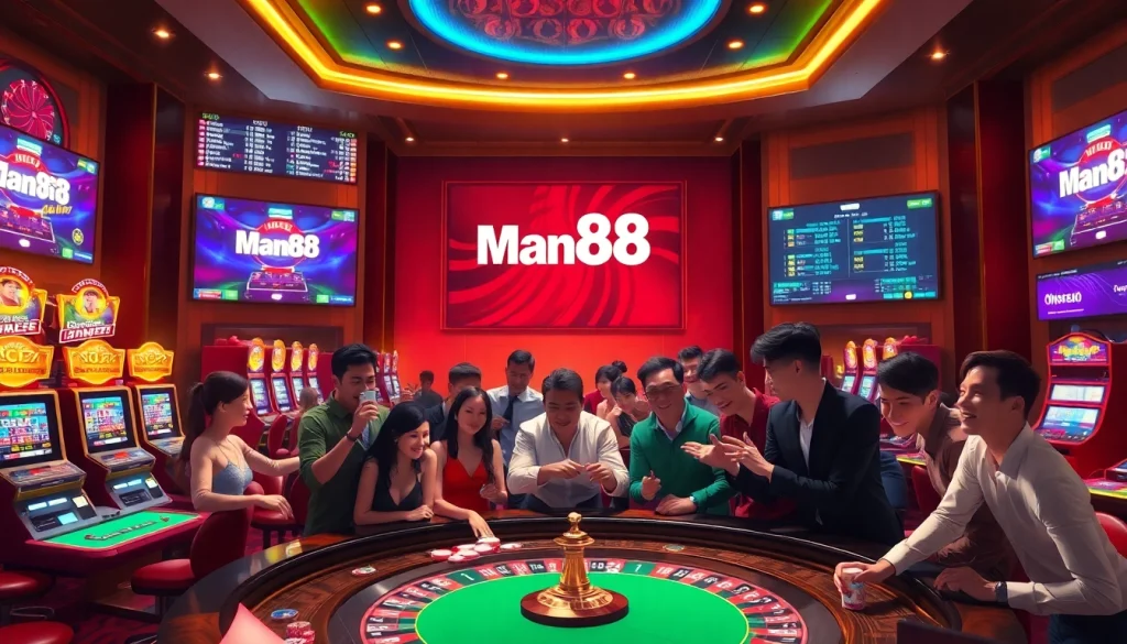 Experience thrilling bets at Man88's luxurious casino, featuring roulette, slot machines, and vibrant poker games.