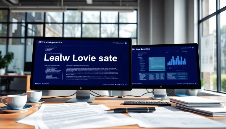 Illustration of automated legal notice generation tools in a professional environment.