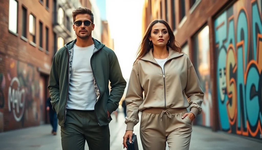 Essentials Tracksuit showcased on a stylish couple in an urban setting, highlighting trendy fashion.