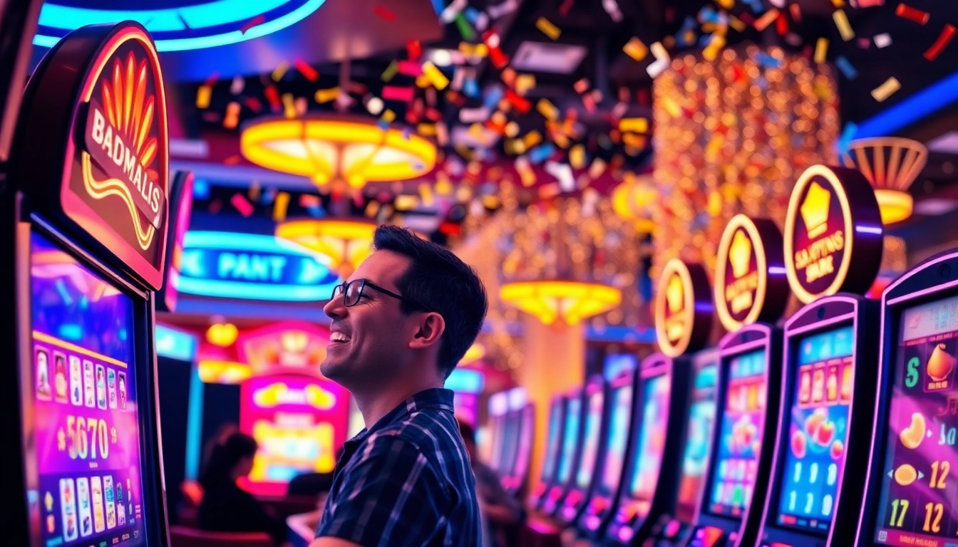 Slot depo 1k excitement with players celebrating wins at vibrant slot machines.