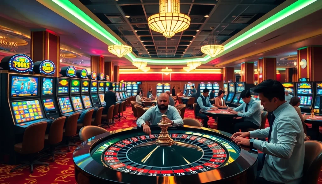 Experience thrilling sbobet betting at a luxurious casino, featuring stylish roulette and vibrant slot machines.