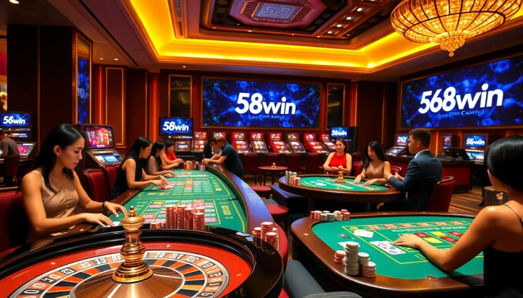 Players enjoying a thrilling game session at 58win casino, surrounded by vibrant tables and chips.