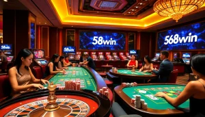 Players enjoying a thrilling game session at 58win casino, surrounded by vibrant tables and chips.