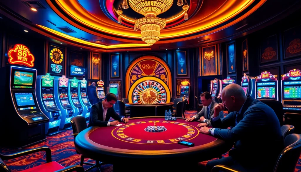 Players strategize at the 98WIN poker table amidst a glamorous casino setting.