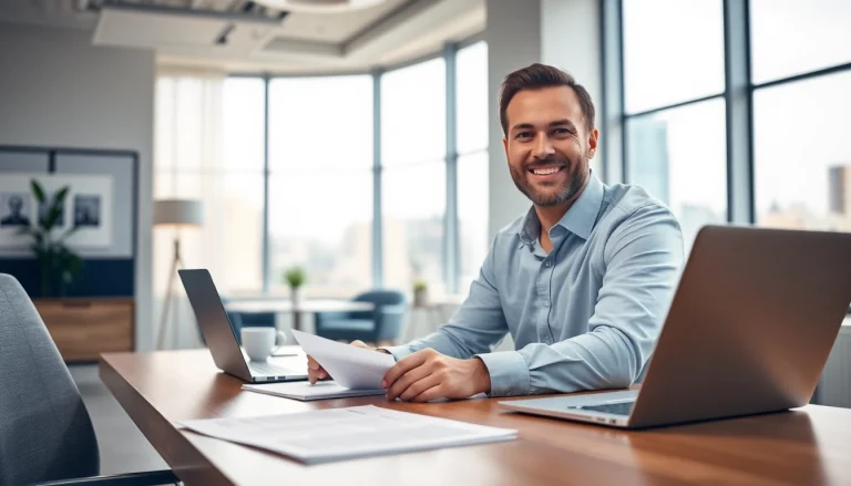 Engaging extended warranty provider assisting clients in a modern office environment.