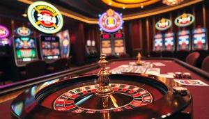 Cảnh casino chủ đề LUCK8 hấp dẫn với bánh xe roulette và các chip poker sống động.