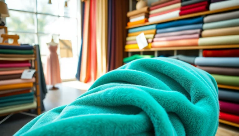 Fluweel stoffen in diverse kleuren en texturen in een sfeervolle stoffenwinkel.