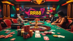 Experience thrilling gameplay at RR88 casino with vibrant poker chips and a roulette wheel.