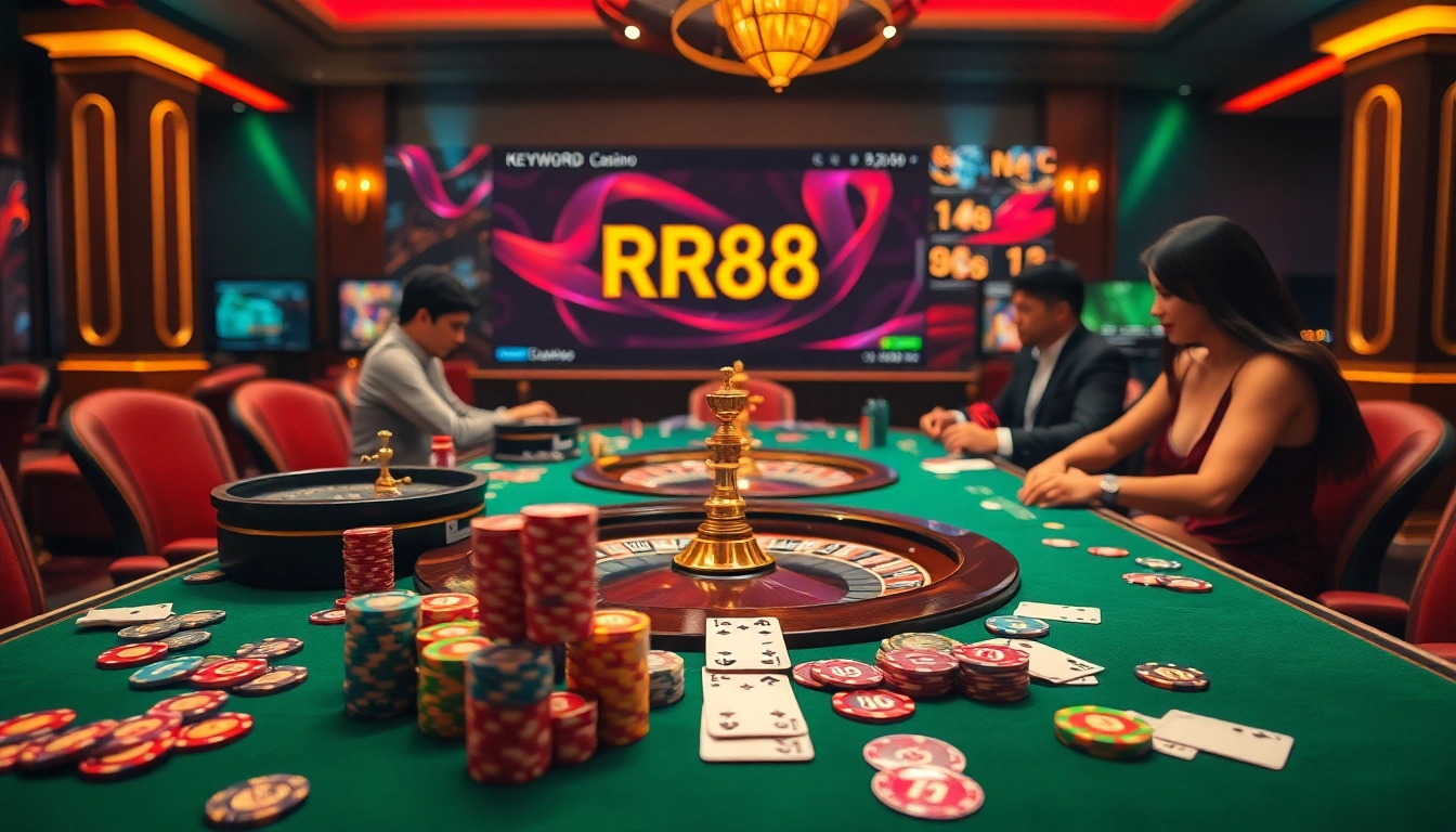 Experience thrilling gameplay at RR88 casino with vibrant poker chips and a roulette wheel.