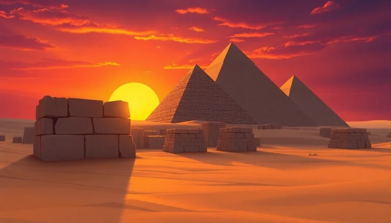 Explore the landmark piraminds of Giza shining at sunset with detailed architectural features.