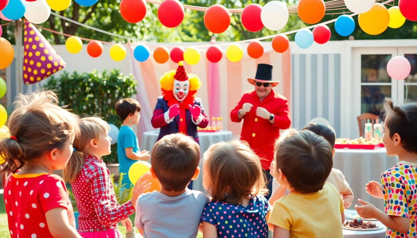 Birthday party entertainers delight children with magic and balloon art in a festive outdoor setting.