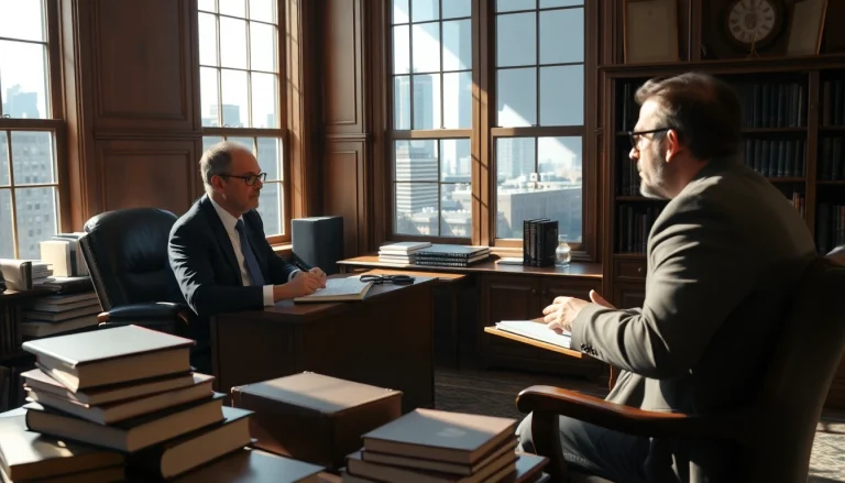Eminent domain lawyer advising a client in a professional office setting.