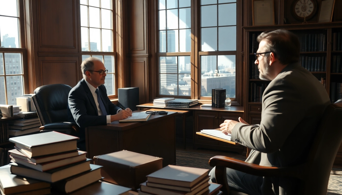 Eminent domain lawyer advising a client in a professional office setting.