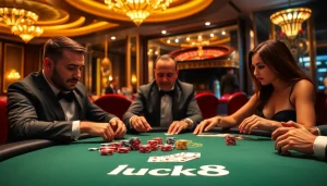 Players engage in a thrilling poker game, showcasing luck8 branding and excitement in a luxurious casino.