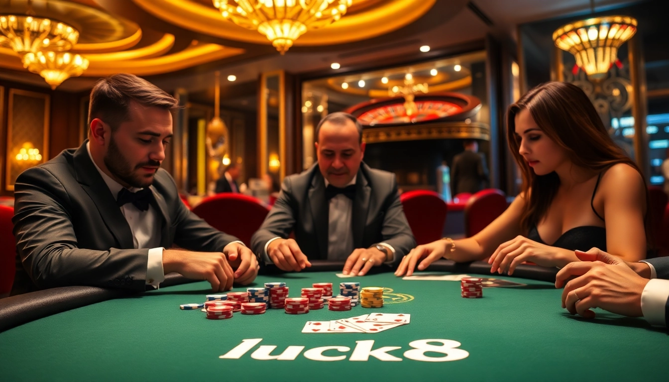 Players engage in a thrilling poker game, showcasing luck8 branding and excitement in a luxurious casino.