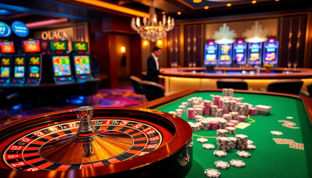 DOLA789 casino scene showcasing roulette, poker chips, and luxurious bar ambience.