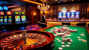 DOLA789 casino scene showcasing roulette, poker chips, and luxurious bar ambience.