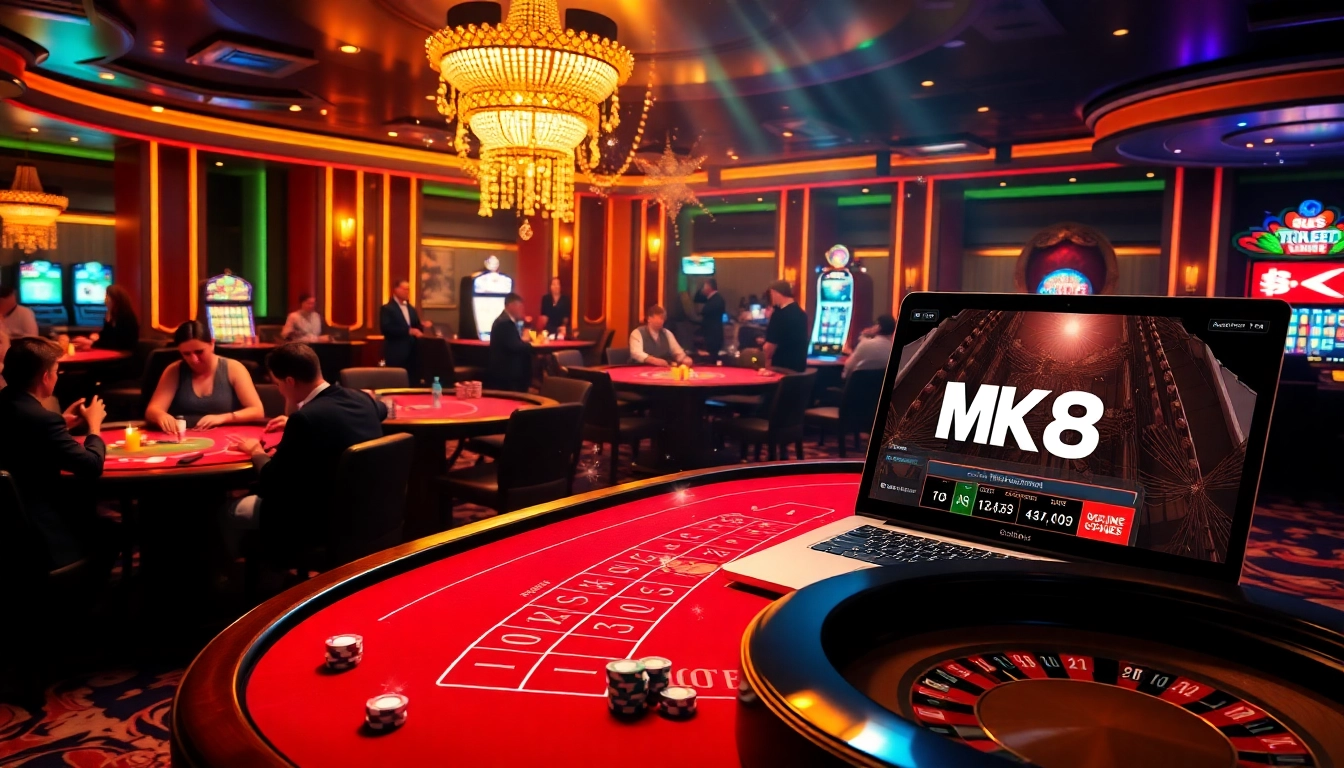 Players engaging in exciting games at MK 8 casino, showcasing vibrant poker chips and a lively atmosphere.