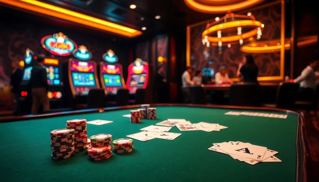 Engaging GG88 casino scene with poker chips, cards, and roulette wheel showcasing excitement.