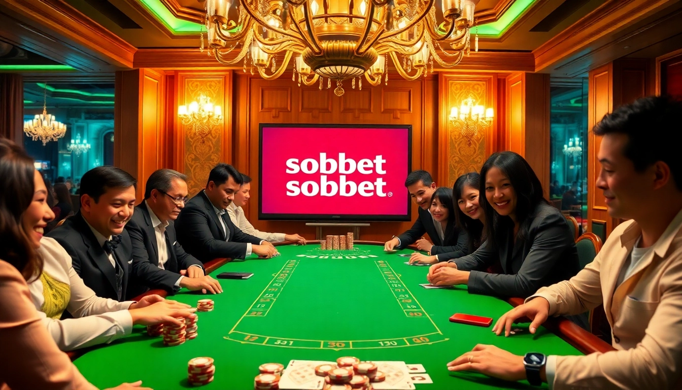 SBOBET enhances the excitement at a busy blackjack table in a luxurious casino setting.