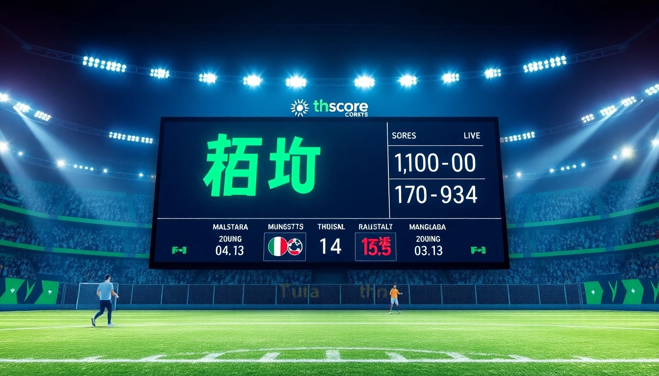 Live football scores and statistics highlighted in a vibrant scoreboard, showcasing ผลบอลสดthscore updates.