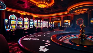 Engage in high-stakes poker at the luxurious VMAX game casino, surrounded by vibrant slot machines.