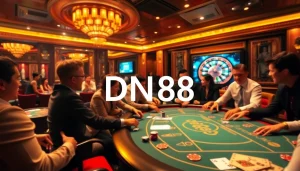 Players enjoying a thrilling poker game at DN88 casino with vibrant chips and cards.