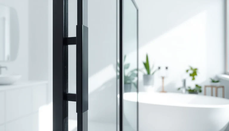 Stunning black frame shower door prominently featured in a modern bathroom interior.