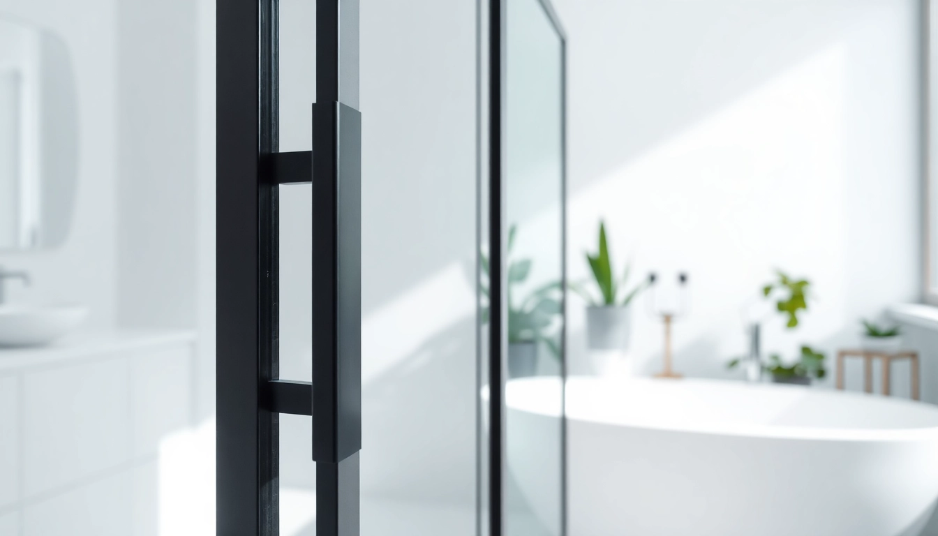 Stunning black frame shower door prominently featured in a modern bathroom interior.