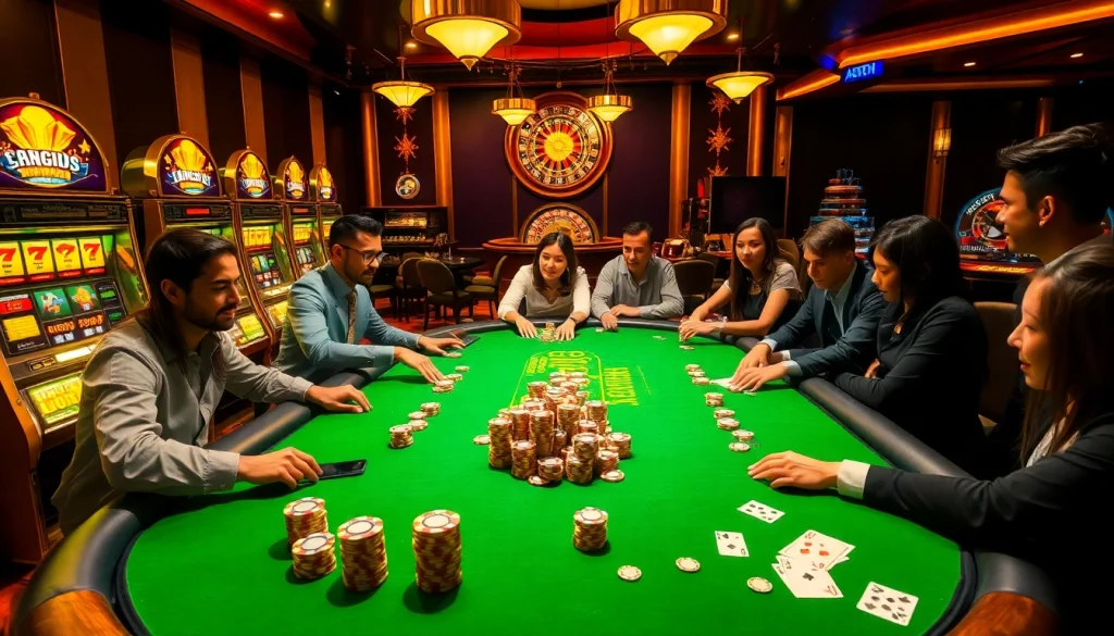 Players strategizing around a poker table at xx88 kjc casino, surrounded by slot machines and chips.