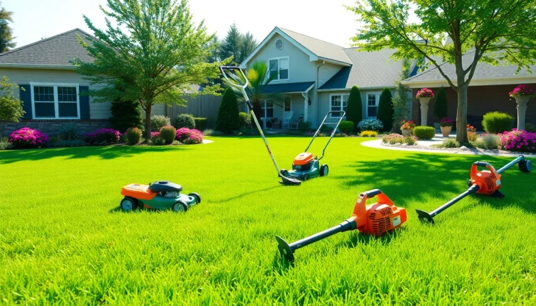 Efficient yard care with NovorikX outdoor power tools in a sunny suburban garden.