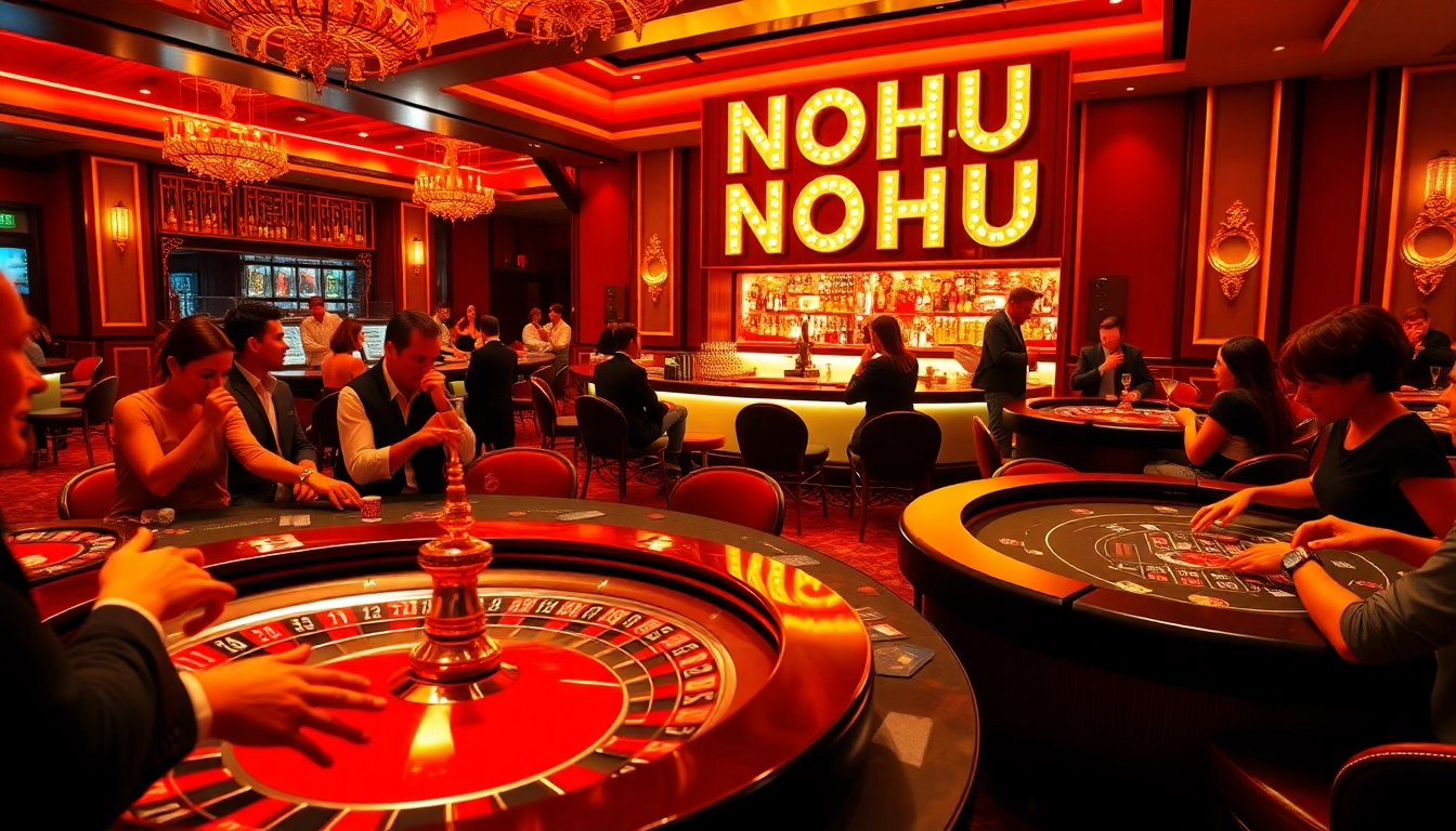 Players celebrating wins at a lavish casino with NOHU branding and vibrant gaming elements.