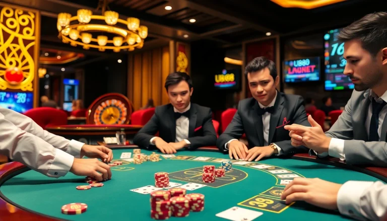 Action-packed gambling scene at U888 casino table with vibrant poker chips and cards.