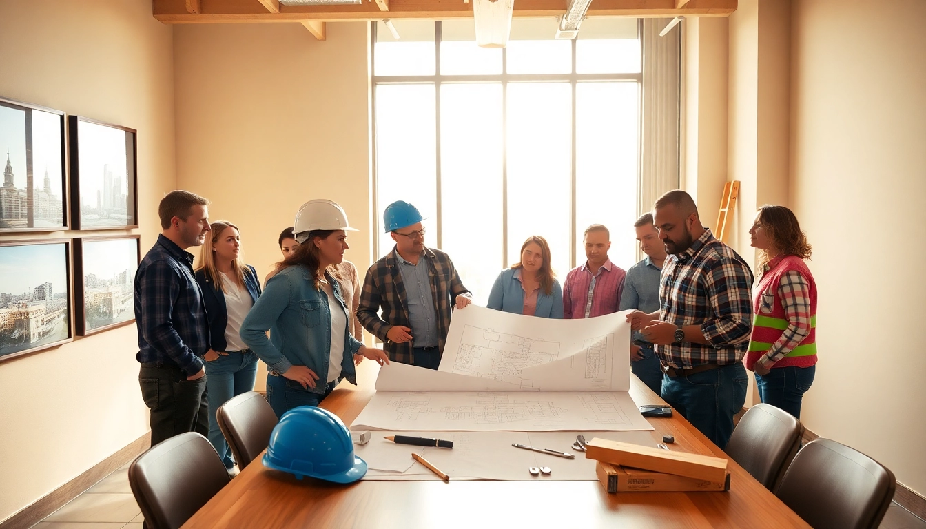 Texas association of builders team collaborating on architectural plans in a bright office.