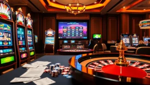 Players enjoying judi slot Naga169 with vibrant slot machines in a luxurious casino ambiance.