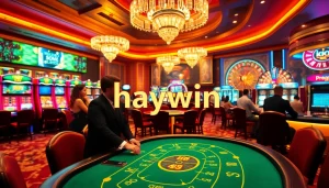 Players engaging in poker at Haywin casino, showcasing vibrant slot machines and an exciting atmosphere.