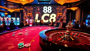 Experience the thrill of gambling with LC88 at a luxurious casino table filled with chips and cards.