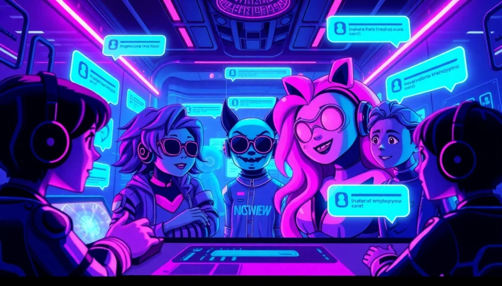 NSFW character AI interface showcasing vibrant digital avatars and chat interactions, highlighting futuristic AI technology.