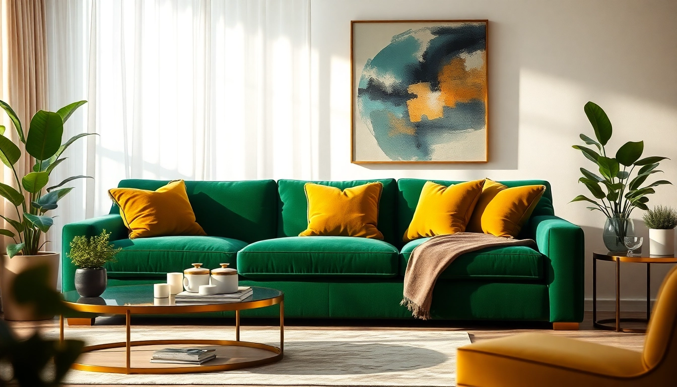 Fluweel stoffen, luxueus interieur met groene bank en gouden kussens.