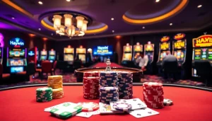 Players enjoying a thrilling game experience at Haywin’s luxurious casino with vibrant slots and poker tables.