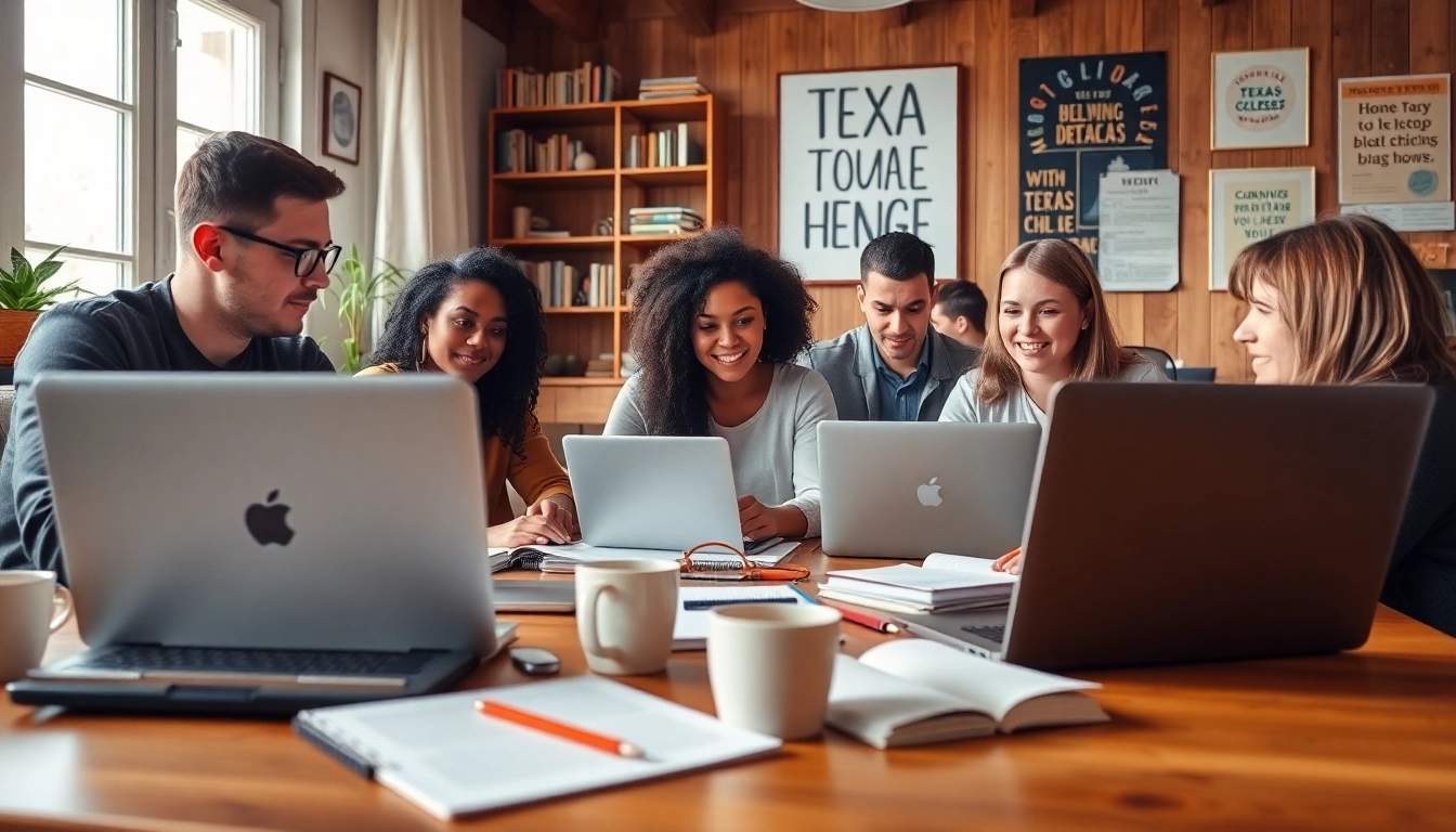 Students participating in an online course about texas college bridge with laptops and study materials.