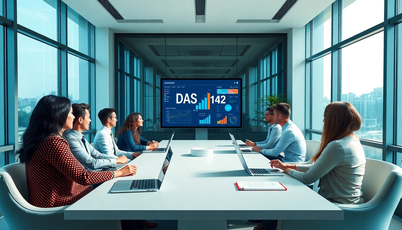 Professionals analyzing DAS 142 data during a collaborative business meeting in a modern office.