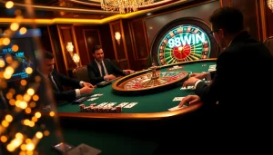 Exciting poker night at 98WIN casino featuring vibrant chips and an elegant roulette wheel.