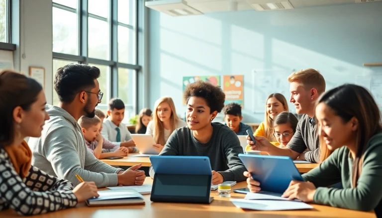 Education scene in a modern classroom, showcasing collaborative learning and innovative tools.
